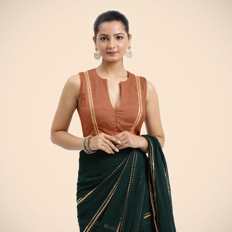 Veena x Tyohaar | Metallic Copper Sleeveless FlexiFit™ Saree Blouse with Front Open Closed Neckline with Slit and Golden Gota Lace-Binks