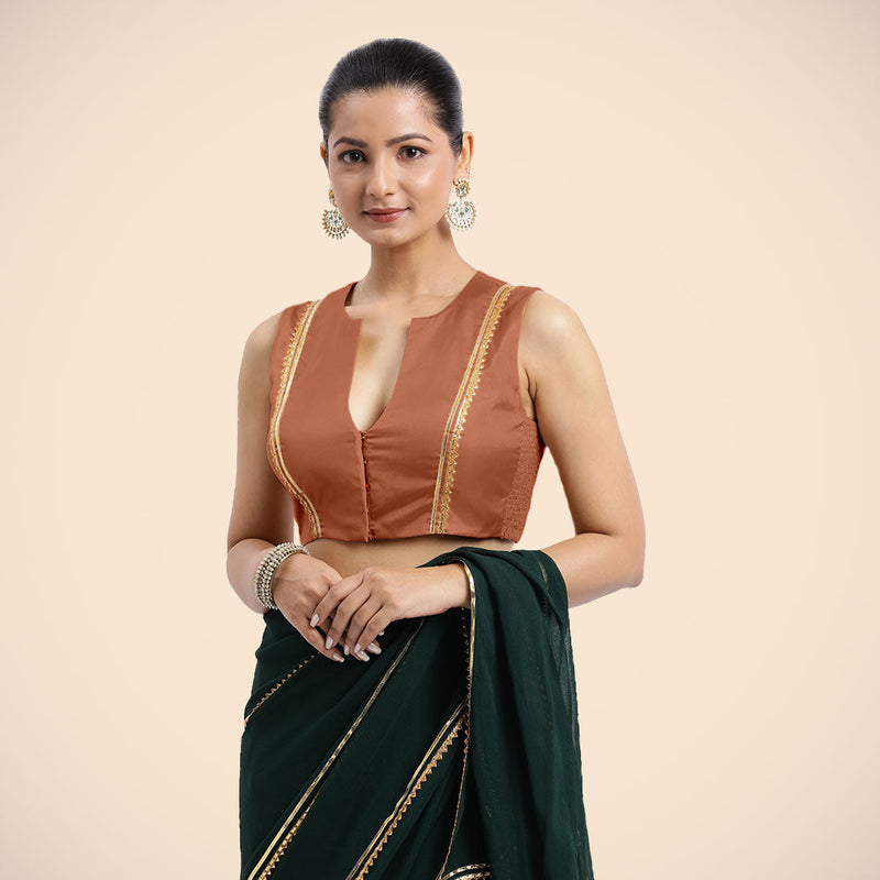 Veena x Tyohaar | Metallic Copper Sleeveless FlexiFit™ Saree Blouse with Front Open Closed Neckline with Slit and Golden Gota Lace-Binks