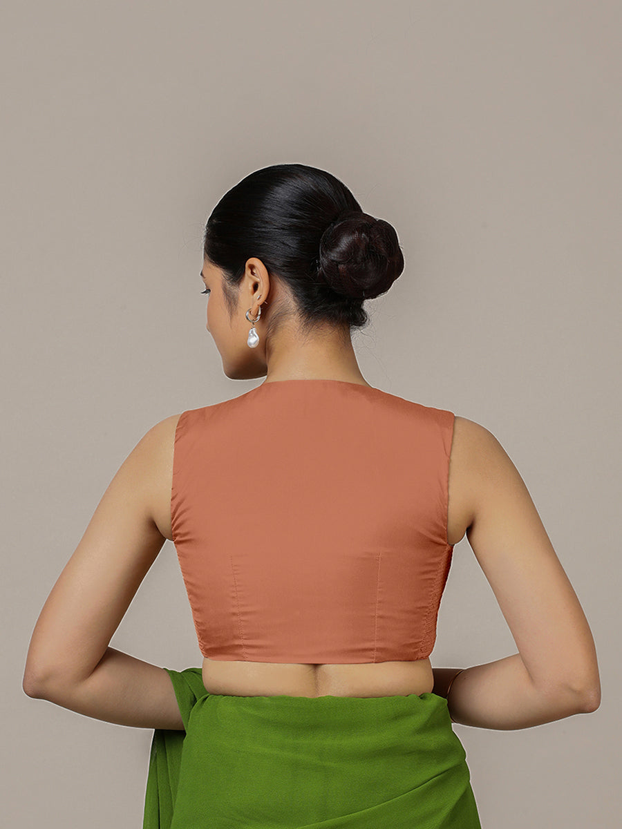 Veena x Rozaana Saree Blouse, in Copper Vegan Silk, featuring sleeveless and curved v-neckline, made for party & festive.