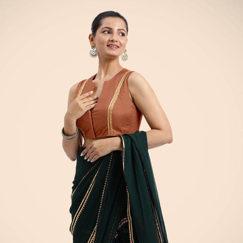 Veena x Tyohaar | Metallic Copper Sleeveless FlexiFit™ Saree Blouse with Front Open Closed Neckline with Slit and Golden Gota Lace-Binks