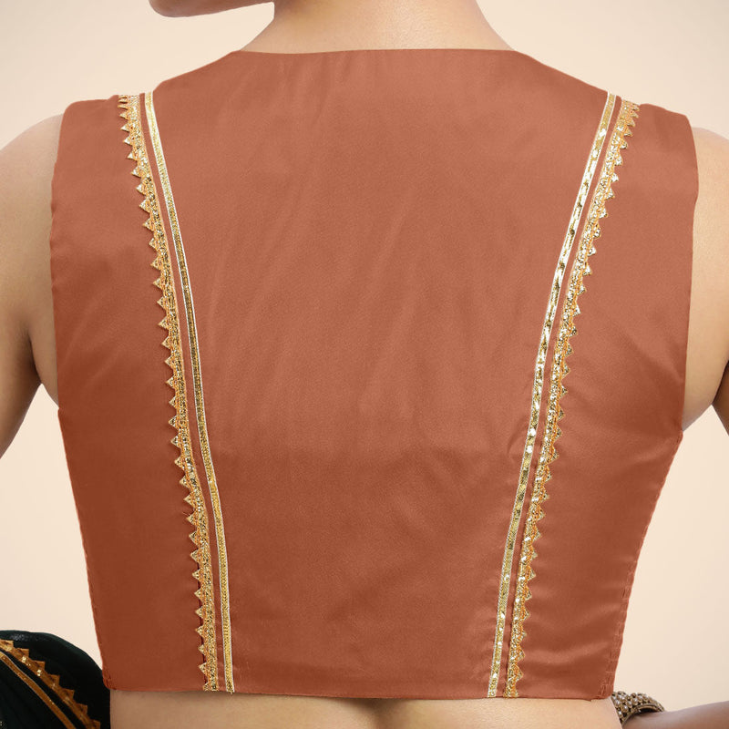 Veena x Tyohaar | Metallic Copper Sleeveless FlexiFit™ Saree Blouse with Front Open Closed Neckline with Slit and Golden Gota Lace-Binks