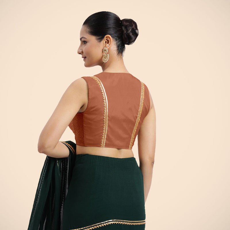 Veena x Tyohaar | Metallic Copper Sleeveless FlexiFit™ Saree Blouse with Front Open Closed Neckline with Slit and Golden Gota Lace-Binks