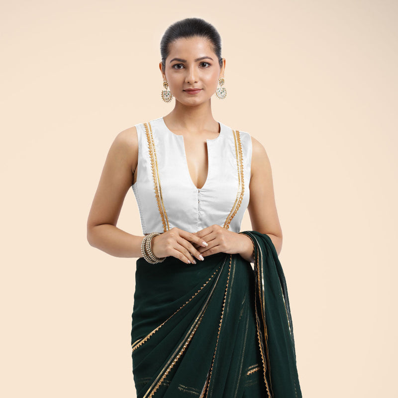 Veena x Tyohaar | Pearl White Sleeveless FlexiFit™ Saree Blouse with Front Open Closed Neckline with Slit and Golden Gota Lace-Binks