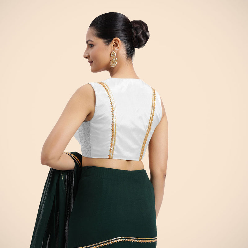 Veena x Tyohaar | Pearl White Sleeveless FlexiFit™ Saree Blouse with Front Open Closed Neckline with Slit and Golden Gota Lace-Binks