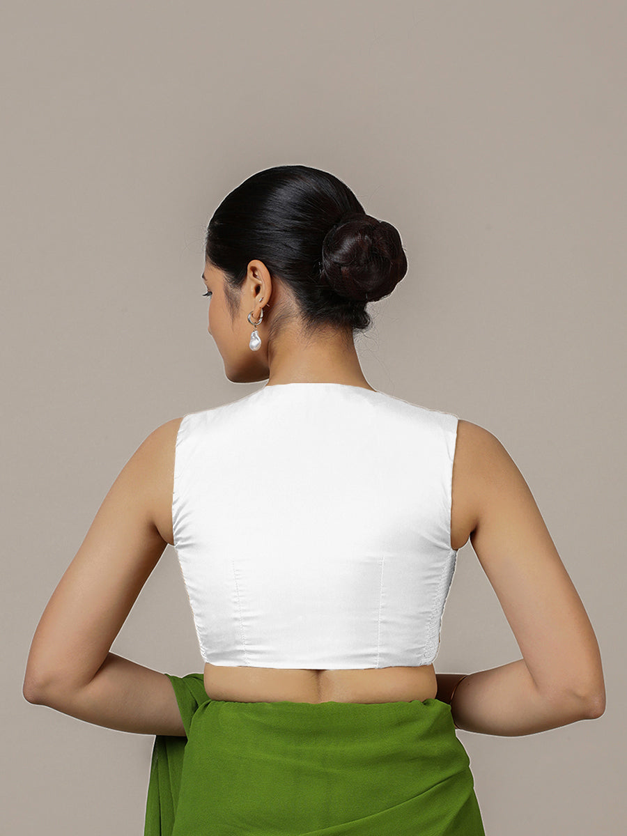 Veena x Rozaana Saree Blouse, in White Vegan Silk, featuring sleeveless and curved v-neckline, made for party & festive.