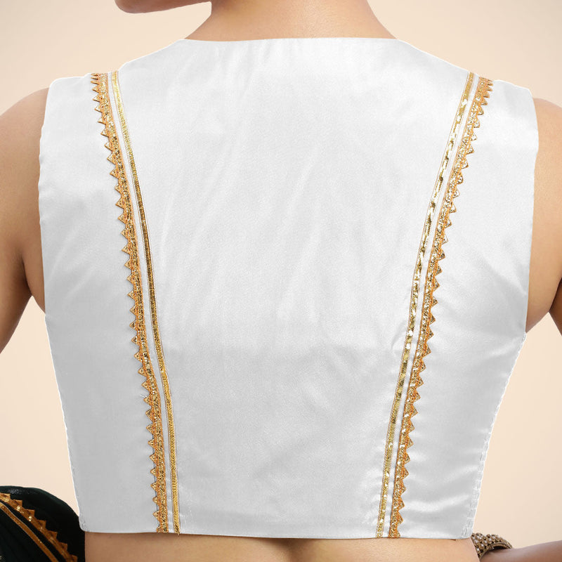Veena x Tyohaar | Pearl White Sleeveless FlexiFit™ Saree Blouse with Front Open Closed Neckline with Slit and Golden Gota Lace-Binks
