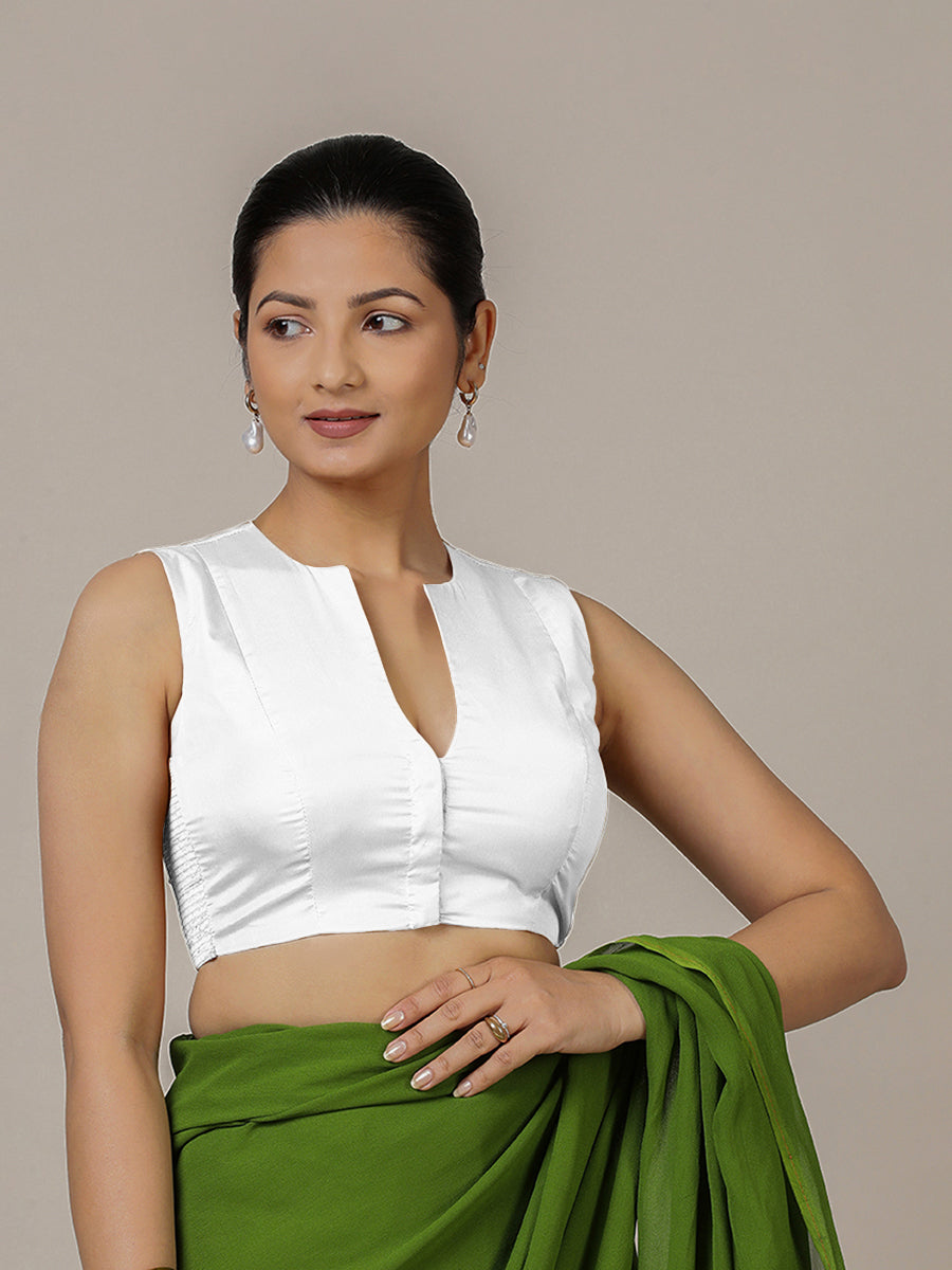 Veena x Rozaana Saree Blouse, in White Vegan Silk, featuring sleeveless and curved v-neckline, made for party & festive.