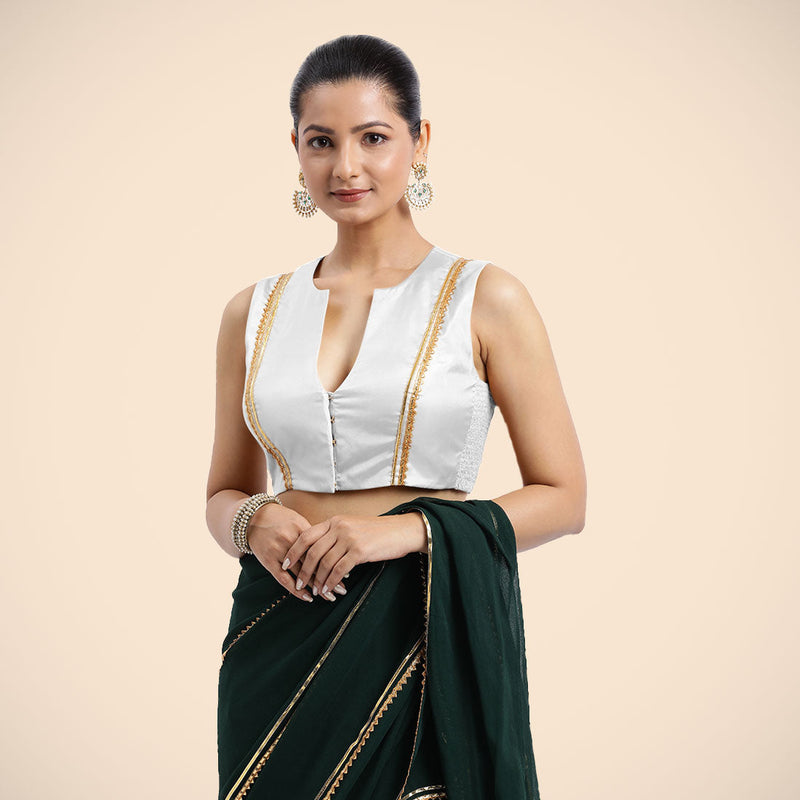Veena x Tyohaar | Pearl White Sleeveless FlexiFit™ Saree Blouse with Front Open Closed Neckline with Slit and Golden Gota Lace-Binks