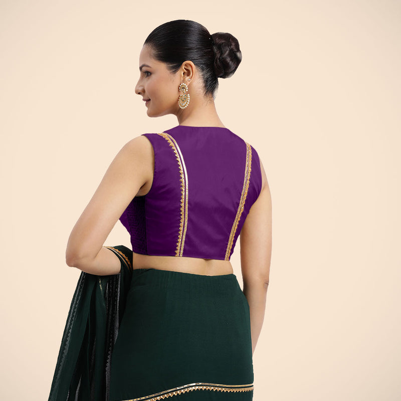 Veena x Tyohaar | Purple Sleeveless FlexiFit™ Saree Blouse with Front Open Closed Neckline with Slit and Golden Gota Lace-Binks