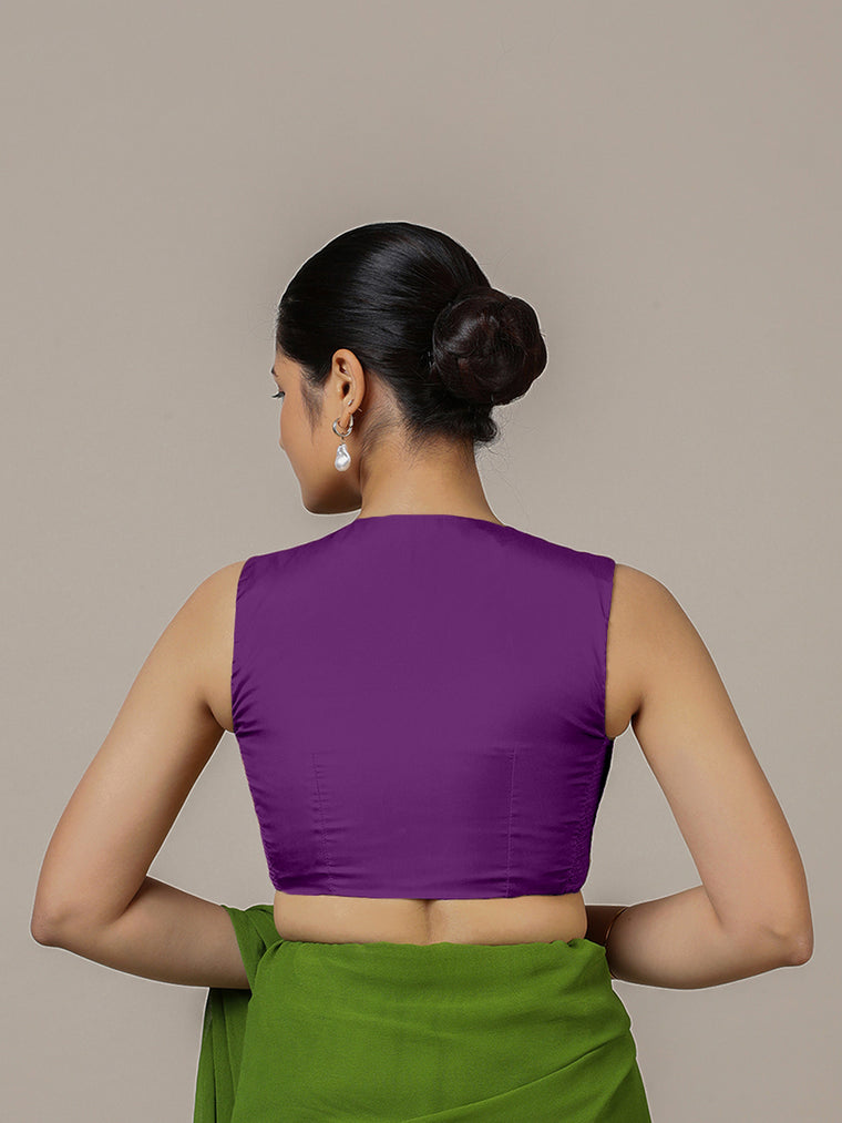 Veena x Rozaana Saree Blouse, in Purple Vegan Silk, featuring sleeveless and curved v-neckline, made for party & festive.