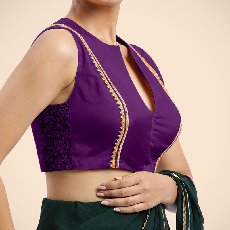 Veena x Tyohaar | Purple Sleeveless FlexiFit™ Saree Blouse with Front Open Closed Neckline with Slit and Golden Gota Lace-Binks