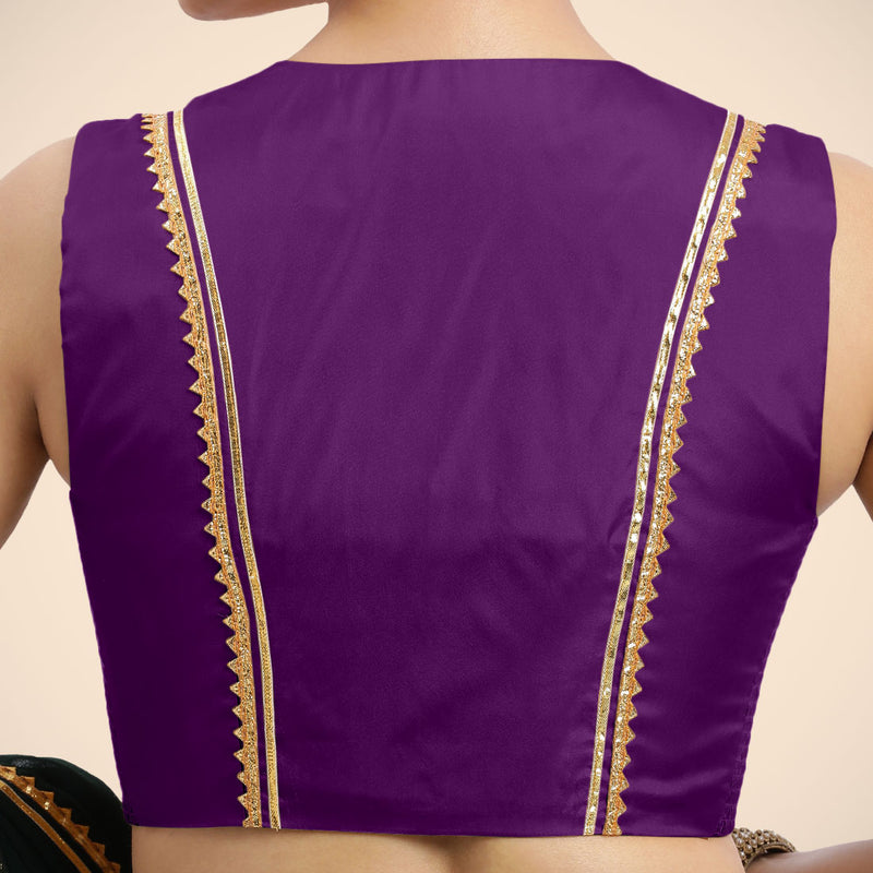 Veena x Tyohaar | Purple Sleeveless FlexiFit™ Saree Blouse with Front Open Closed Neckline with Slit and Golden Gota Lace-Binks