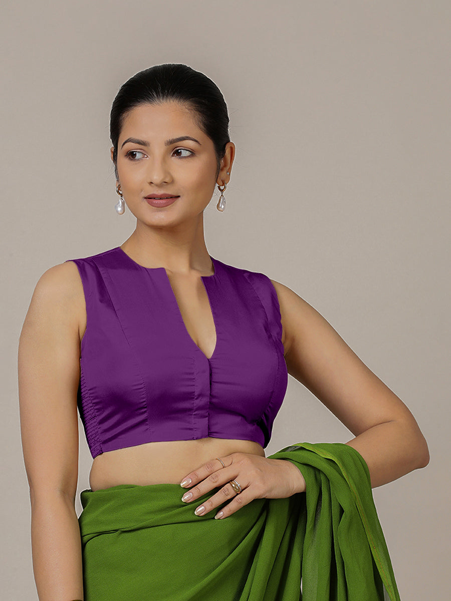Veena x Rozaana Saree Blouse, in Purple Vegan Silk, featuring sleeveless and curved v-neckline, made for party & festive.
