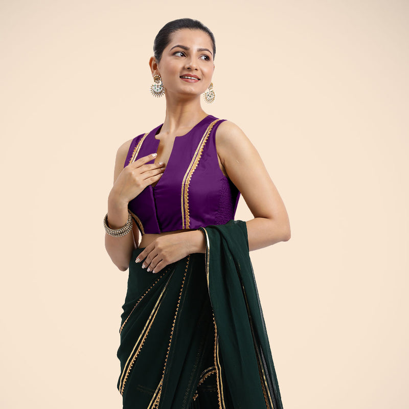 Veena x Tyohaar | Purple Sleeveless FlexiFit™ Saree Blouse with Front Open Closed Neckline with Slit and Golden Gota Lace-Binks