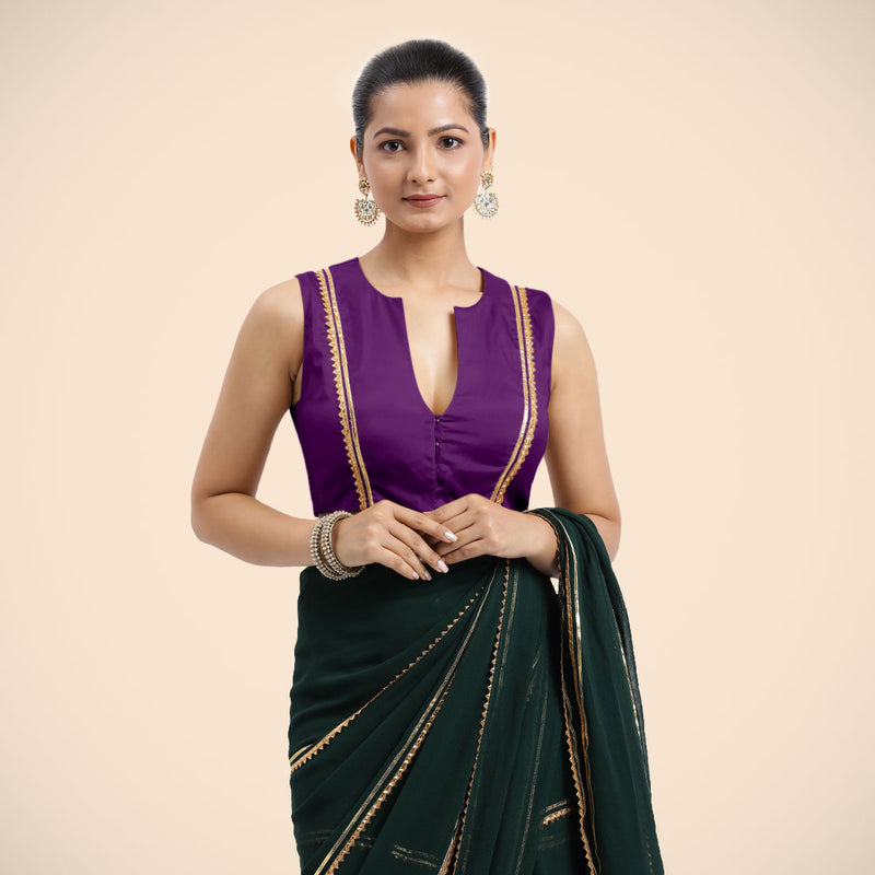 Veena x Tyohaar | Purple Sleeveless FlexiFit™ Saree Blouse with Front Open Closed Neckline with Slit and Golden Gota Lace-Binks