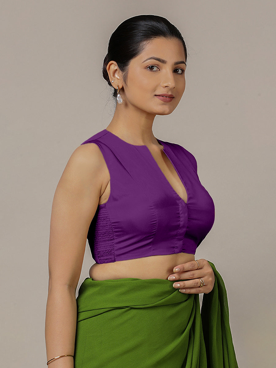 Veena x Rozaana Saree Blouse, in Purple Vegan Silk, featuring sleeveless and curved v-neckline, made for party & festive.