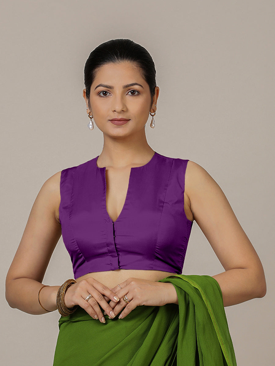 Veena x Rozaana Saree Blouse, in Purple Vegan Silk, featuring sleeveless and curved v-neckline, made for party & festive.