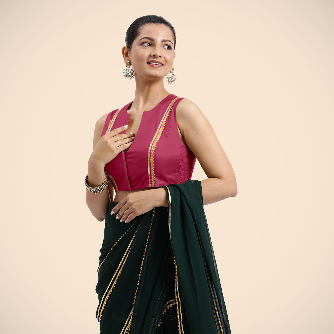 Veena Sleeveless Silk Saree Blouse - Rani Pink with Gota Patti