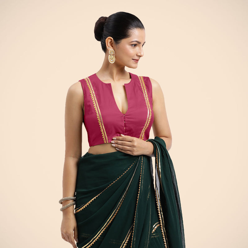 Veena x Tyohaar | Rani Pink Sleeveless FlexiFit™ Saree Blouse with Front Open Closed Neckline with Slit and Golden Gota Lace-Binks