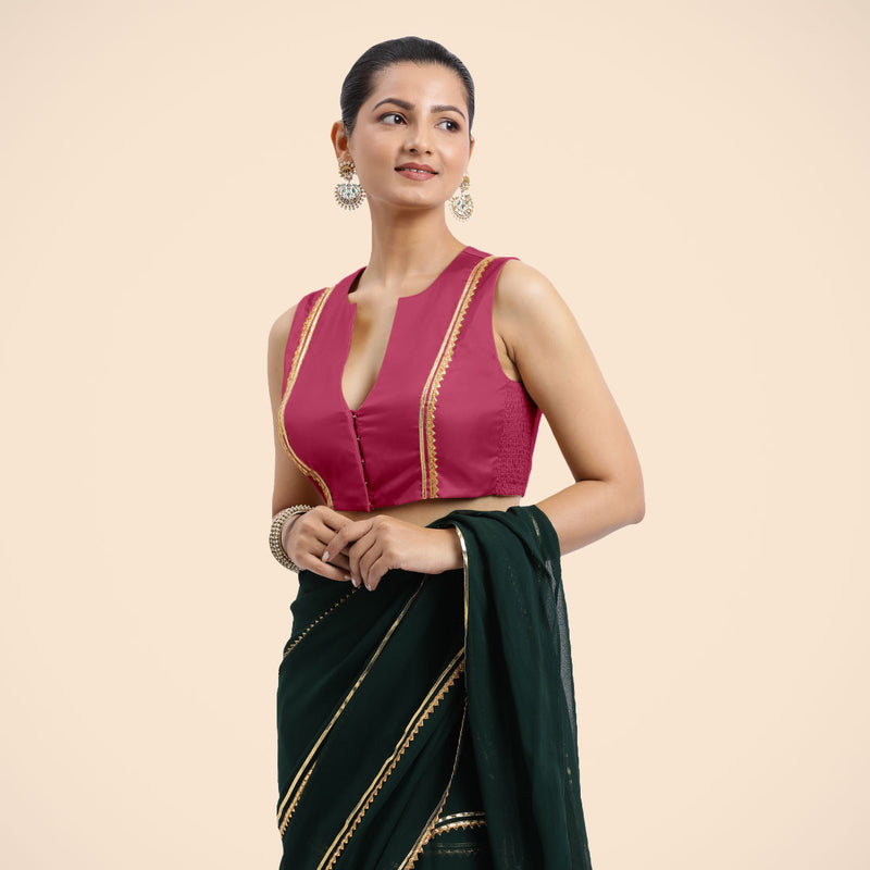 Veena x Tyohaar | Rani Pink Sleeveless FlexiFit™ Saree Blouse with Front Open Closed Neckline with Slit and Golden Gota Lace-Binks