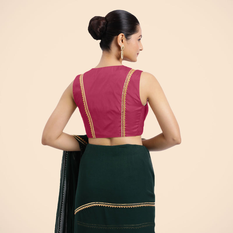 Veena x Tyohaar | Rani Pink Sleeveless FlexiFit™ Saree Blouse with Front Open Closed Neckline with Slit and Golden Gota Lace-Binks