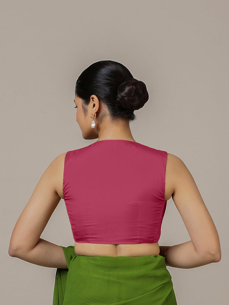 Veena x Rozaana Saree Blouse, in Pink Vegan Silk, featuring sleeveless and curved v-neckline, made for party & festive (view 2).