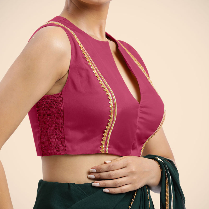Veena x Tyohaar | Rani Pink Sleeveless FlexiFit™ Saree Blouse with Front Open Closed Neckline with Slit and Golden Gota Lace-Binks