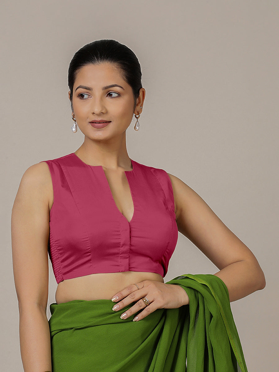 Veena x Rozaana Saree Blouse, in Pink Vegan Silk, featuring sleeveless and curved v-neckline, made for party & festive (view 4).