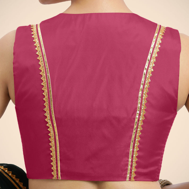 Veena x Tyohaar | Rani Pink Sleeveless FlexiFit™ Saree Blouse with Front Open Closed Neckline with Slit and Golden Gota Lace-Binks