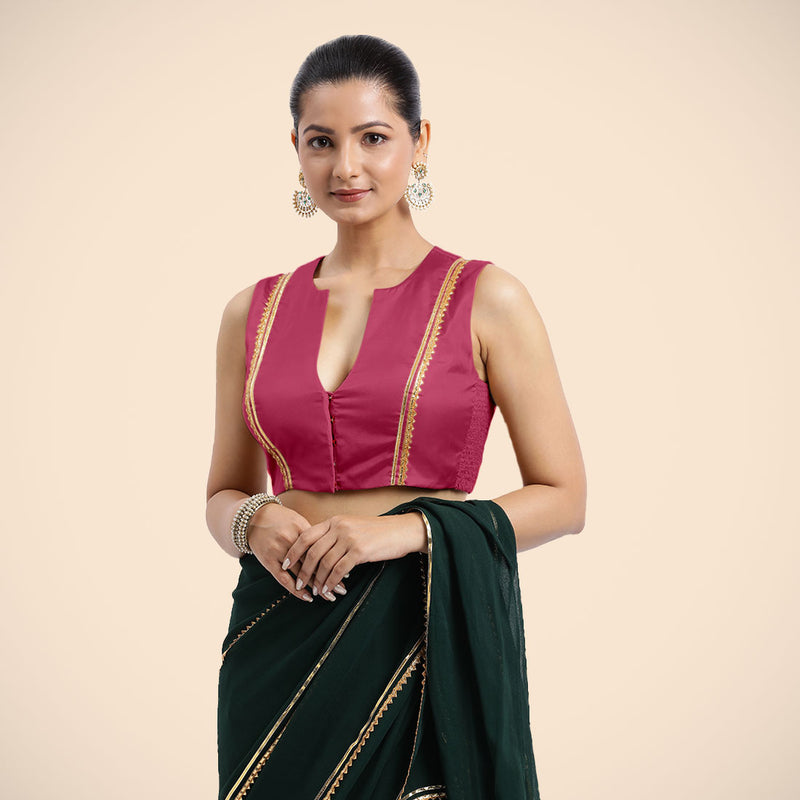 Veena x Tyohaar | Rani Pink Sleeveless FlexiFit™ Saree Blouse with Front Open Closed Neckline with Slit and Golden Gota Lace-Binks
