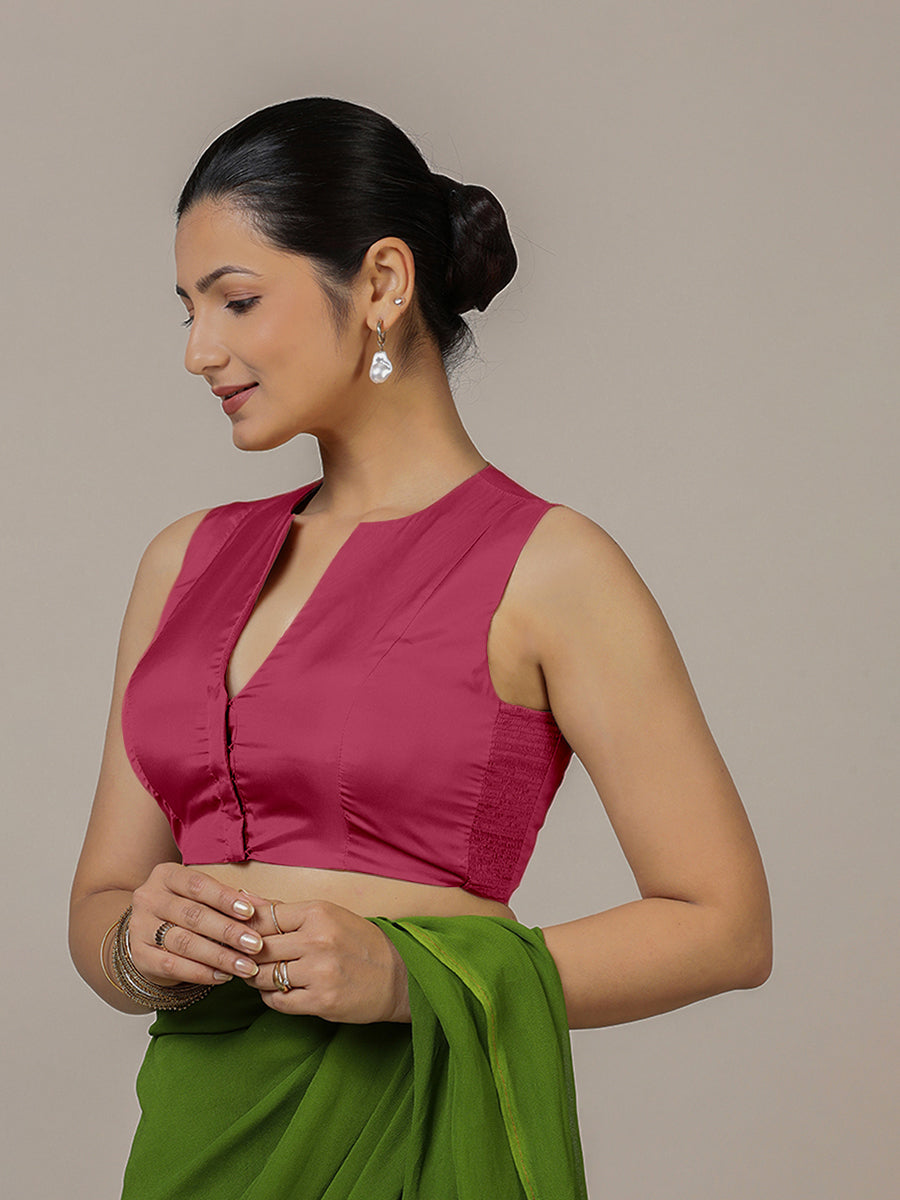 Veena x Rozaana Saree Blouse, in Pink Vegan Silk, featuring sleeveless and curved v-neckline, made for party & festive (view 7).