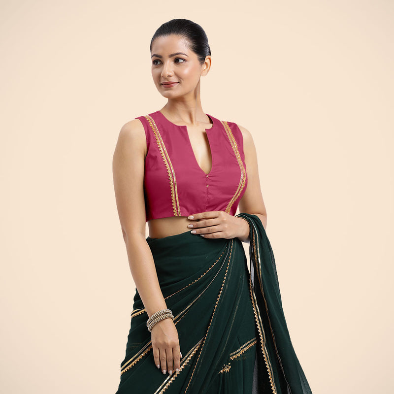 Veena x Tyohaar | Rani Pink Sleeveless FlexiFit™ Saree Blouse with Front Open Closed Neckline with Slit and Golden Gota Lace-Binks