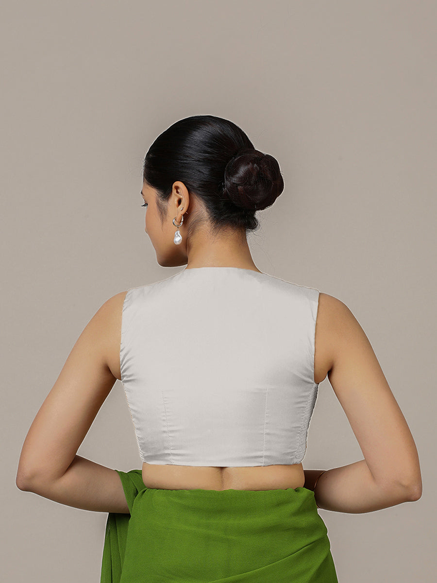 Veena x Rozaana Saree Blouse, in Silver Vegan Silk, featuring sleeveless and curved v-neckline, made for party & festive.