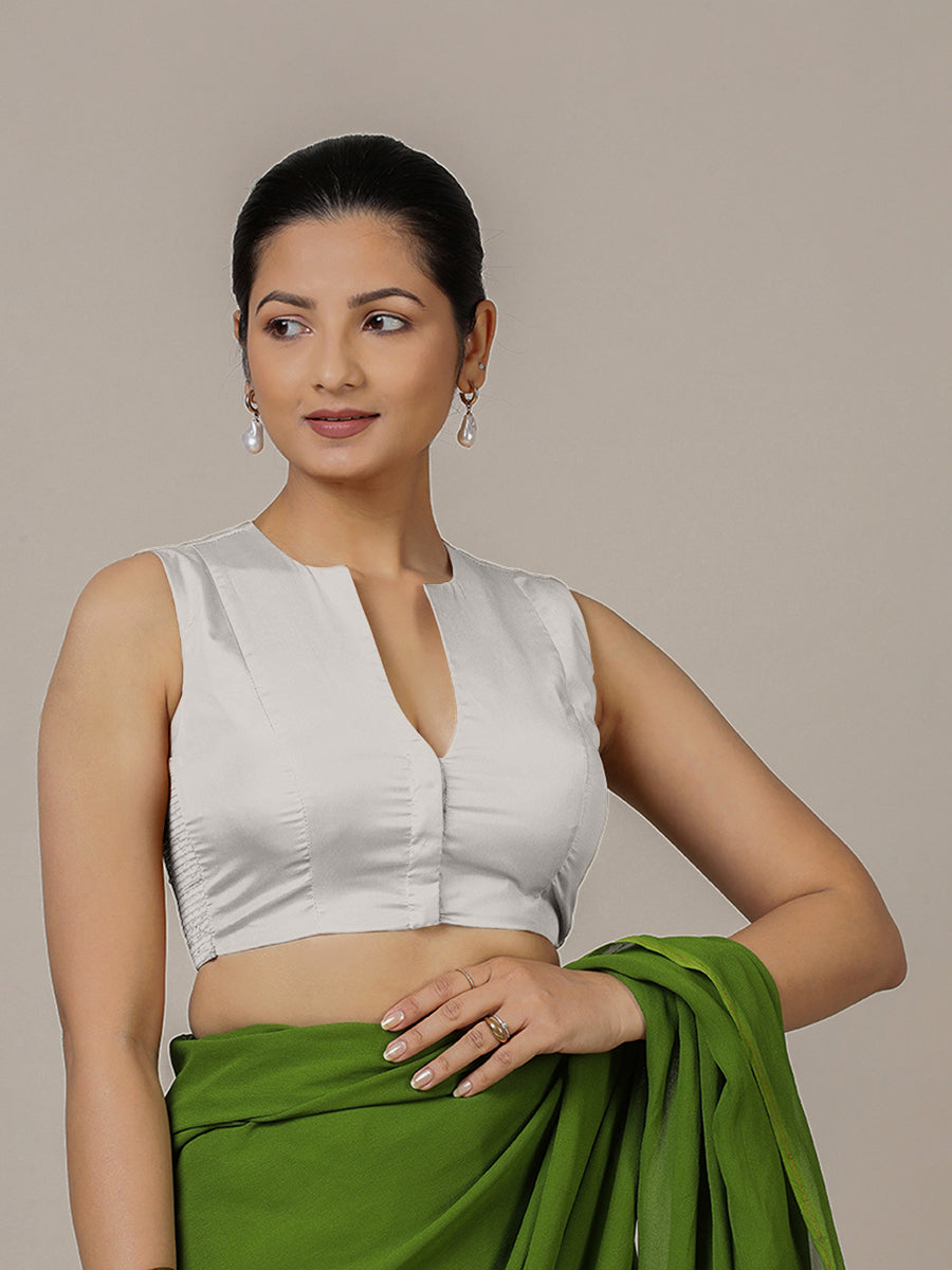 Veena x Rozaana Saree Blouse, in Silver Vegan Silk, featuring sleeveless and curved v-neckline, made for party & festive.