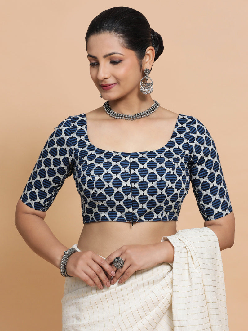 Vidhi x Rozaana | Elbow Sleeves Cotton Saree Blouse in Indigo Blue Leaf Block Print Fabric-Binks