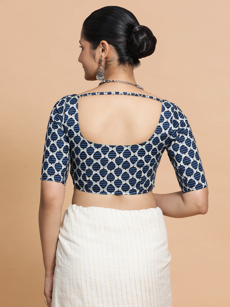 Vidhi x Rozaana | Elbow Sleeves Cotton Saree Blouse in Indigo Blue Leaf Block Print Fabric-Binks