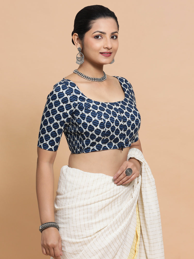 Vidhi x Rozaana | Elbow Sleeves Cotton Saree Blouse in Indigo Blue Leaf Block Print Fabric-Binks