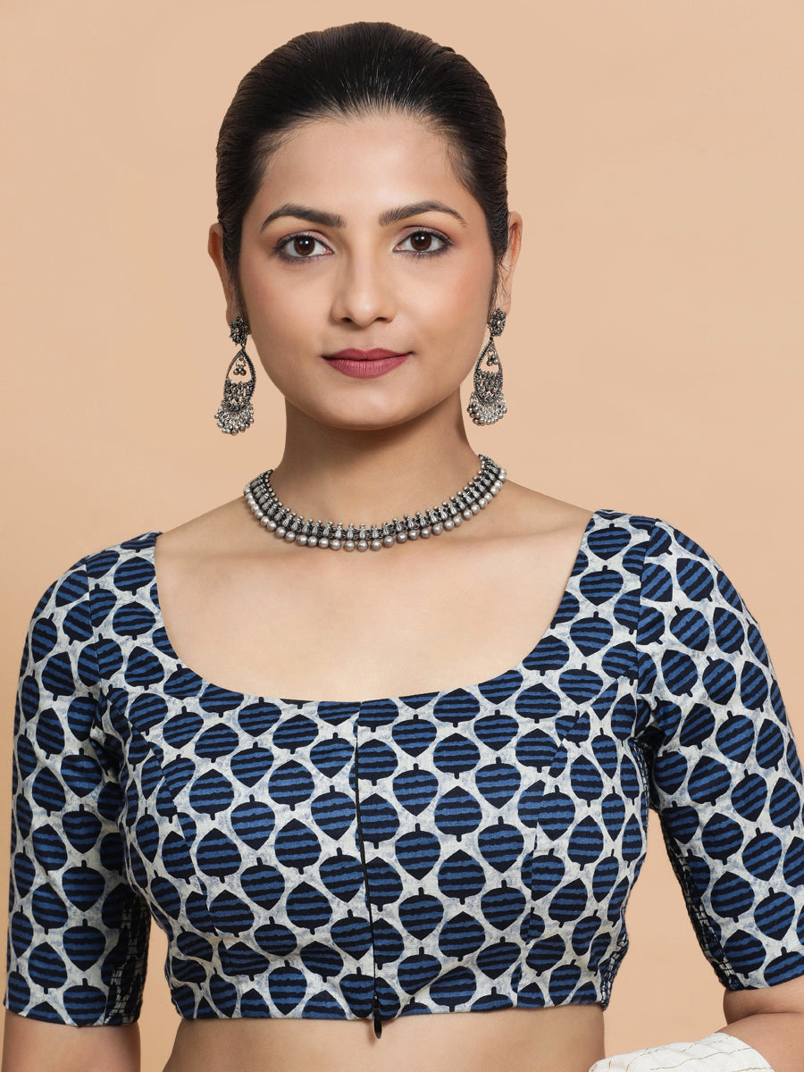 Vidhi x Rozaana Saree Blouse, in Blue Cotton, featuring elbow sleeves and scoop neckline, made for daily & work (view 6).