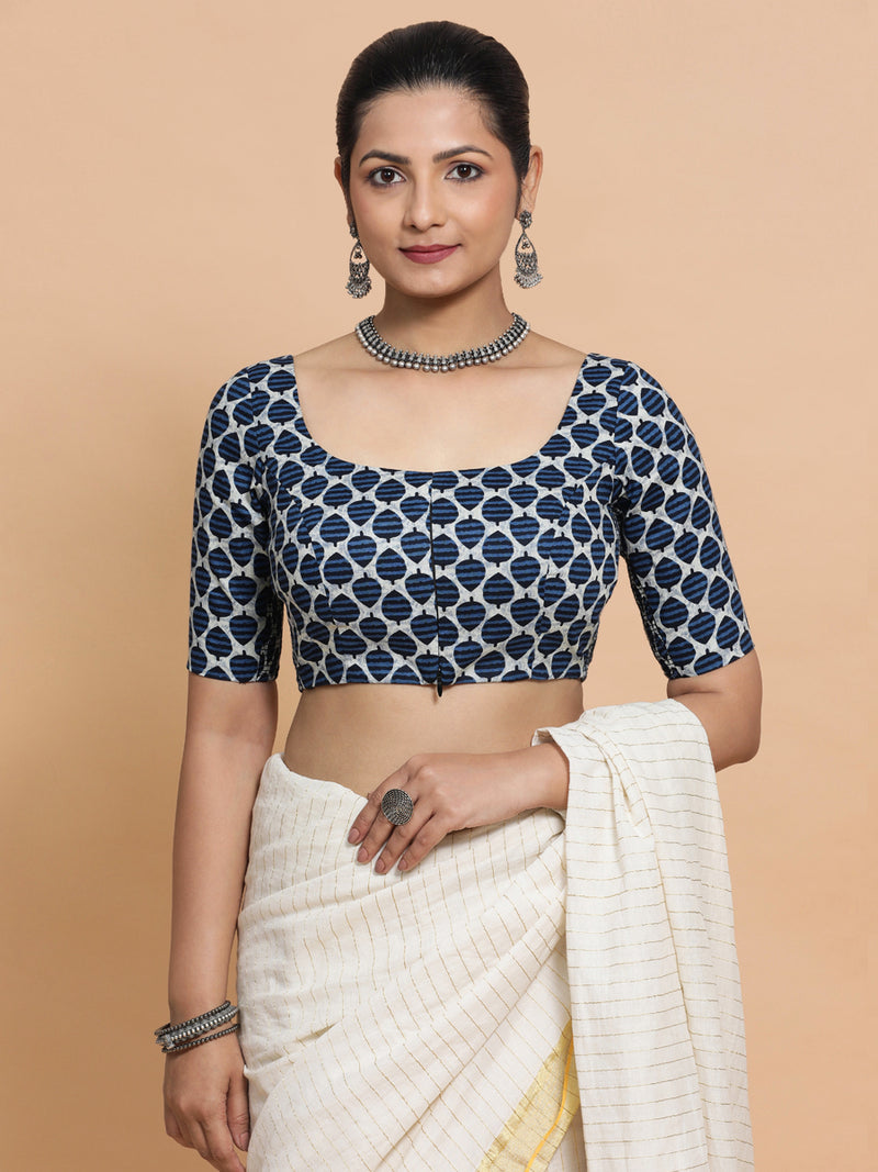 Vidhi x Rozaana | Elbow Sleeves Cotton Saree Blouse in Indigo Blue Leaf Block Print Fabric-Binks