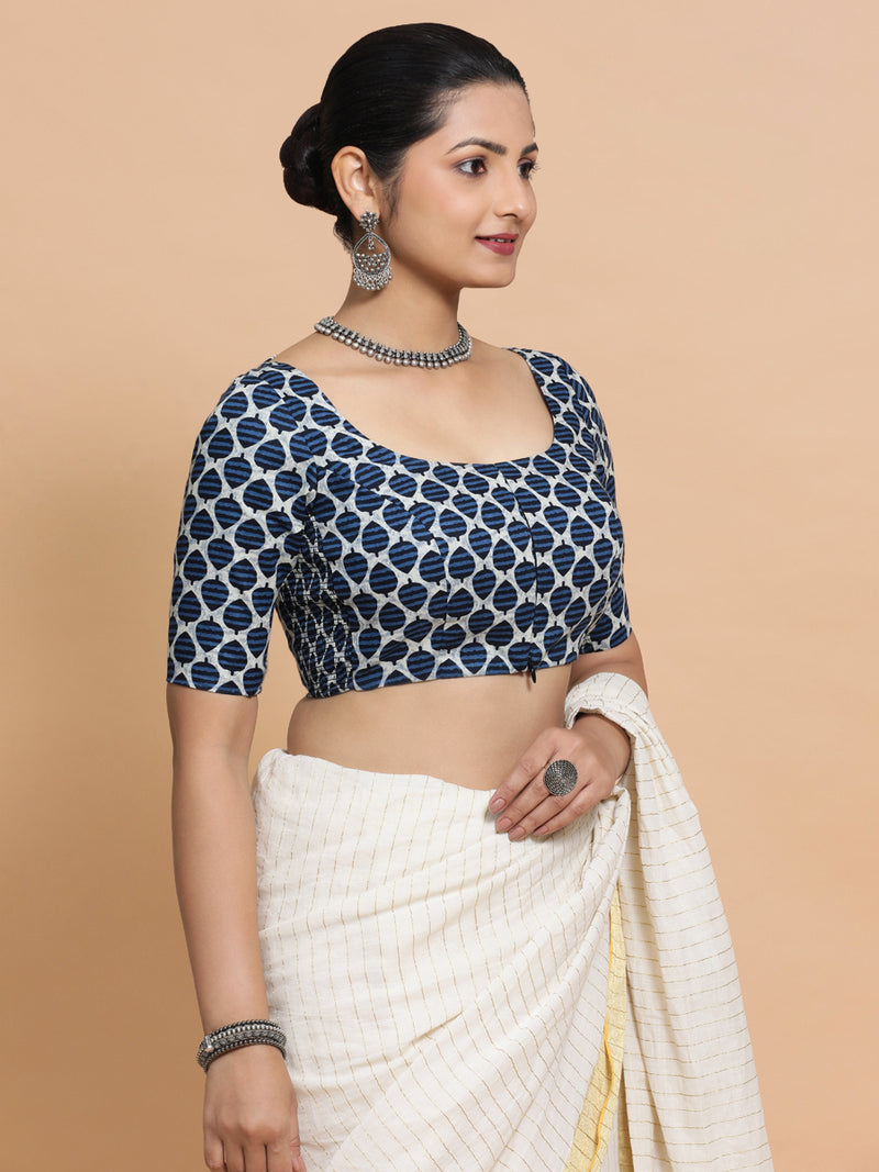 Vidhi x Rozaana | Elbow Sleeves Cotton Saree Blouse in Indigo Blue Leaf Block Print Fabric-Binks