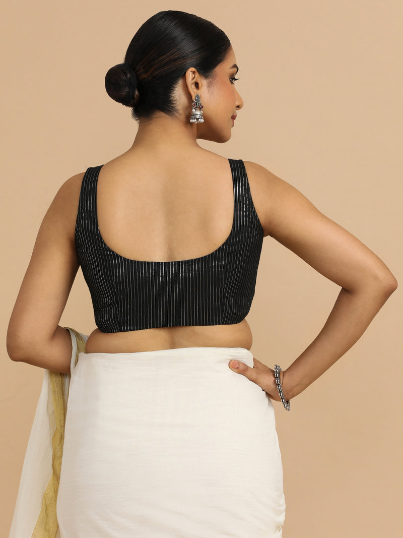 Vinita x Rozaana | Sleeveless Saree Blouse in Black Silver Stripe Cotton-Binks