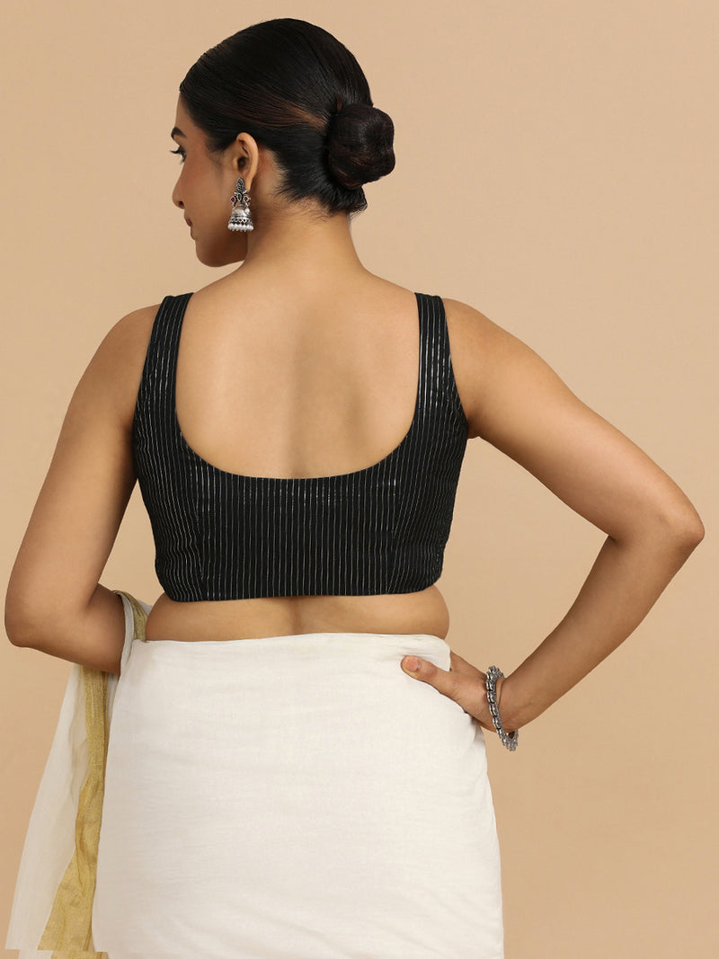 Vinita x Rozaana | Sleeveless Saree Blouse in Black Silver Stripe Cotton-Binks