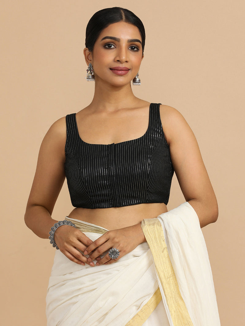 Vinita x Rozaana | Sleeveless Saree Blouse in Black Silver Stripe Cotton-Binks