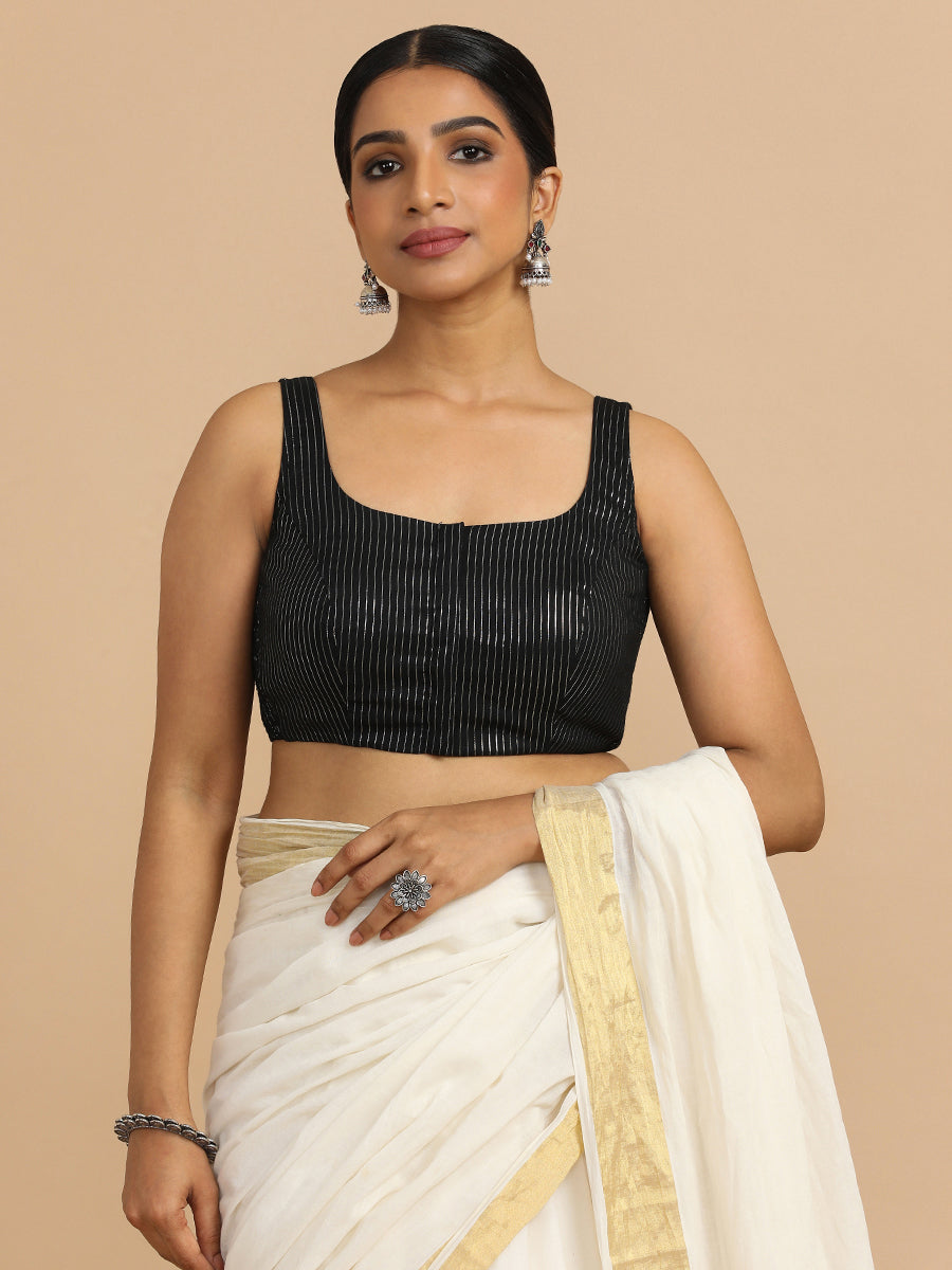 Vinita x Rozaana Saree Blouse, in Black 100% Cotton & Lurex, featuring sleeveless and round neckline (view 4).