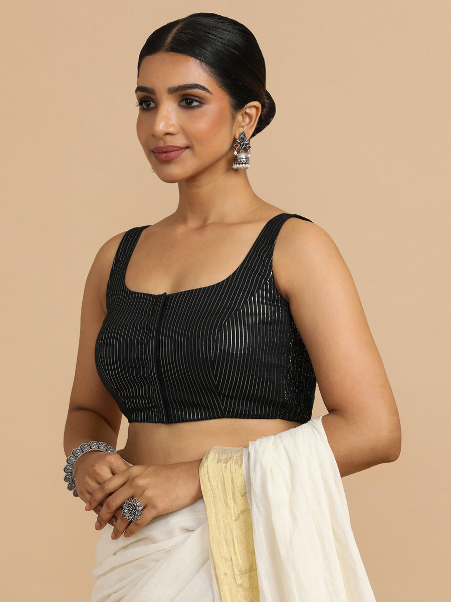 Vinita x Rozaana Saree Blouse, in Black 100% Cotton & Lurex, featuring sleeveless and round neckline (view 5).