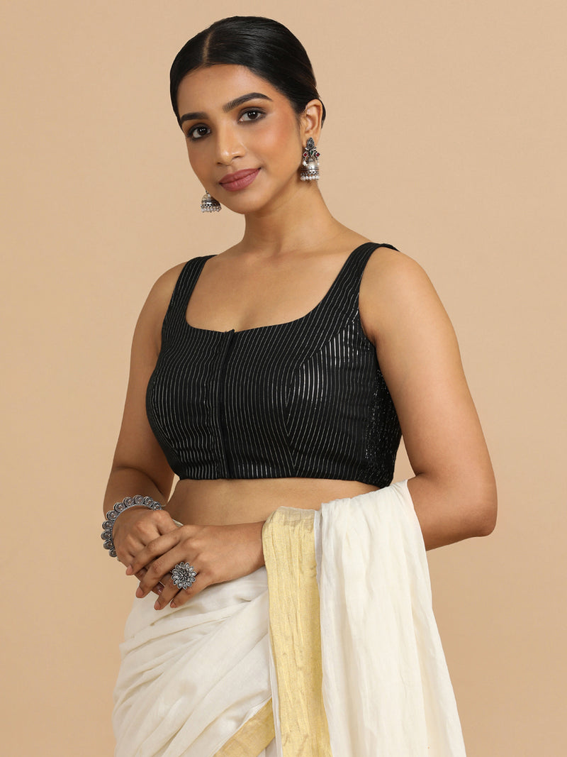 Vinita x Rozaana | Sleeveless Saree Blouse in Black Silver Stripe Cotton-Binks