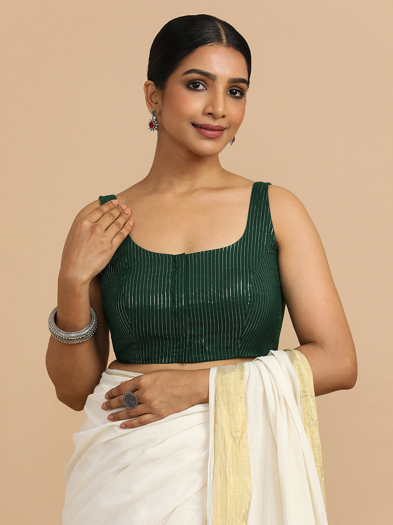 Vinita x Rozaana | Sleeveless Saree Blouse in Dark Green Silver Stripe Cotton-Binks