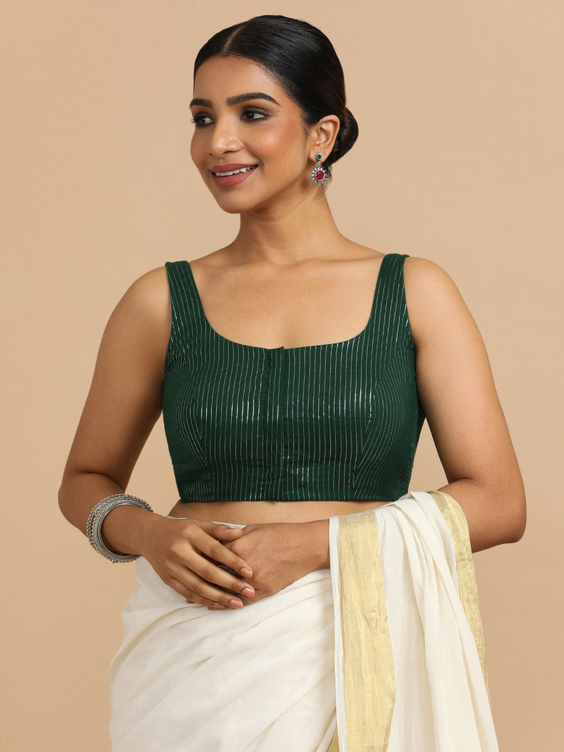 Vinita x Rozaana | Sleeveless Saree Blouse in Dark Green Silver Stripe Cotton-Binks