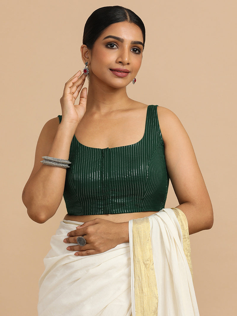 Vinita x Rozaana | Sleeveless Saree Blouse in Dark Green Silver Stripe Cotton-Binks