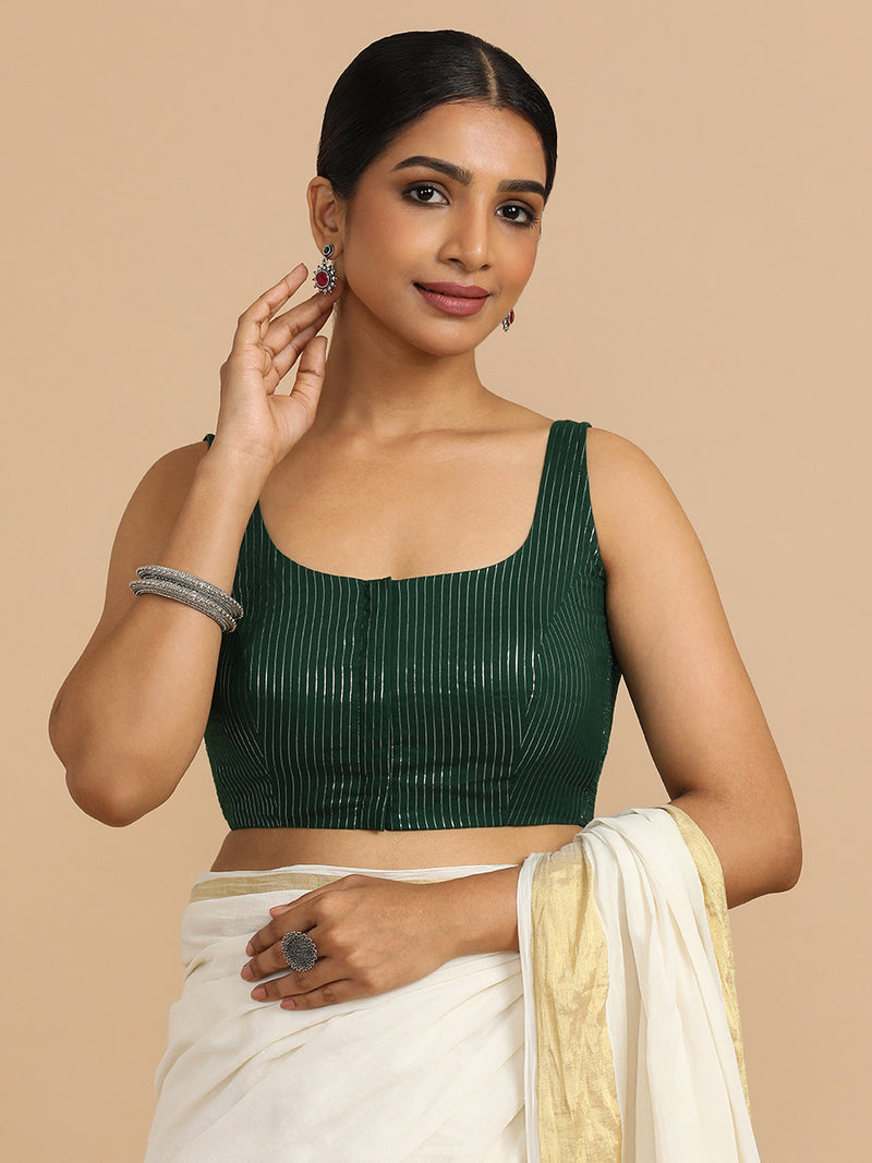 Vinita x Rozaana | Sleeveless Saree Blouse in Dark Green Silver Stripe Cotton-Binks